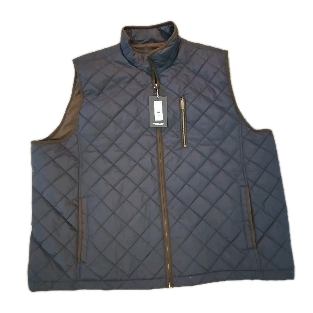 Roundtree &‎ Yorke Heritage Quilted Vest Mens 3XB Blue Brown Trim NWT Puffer Zip
